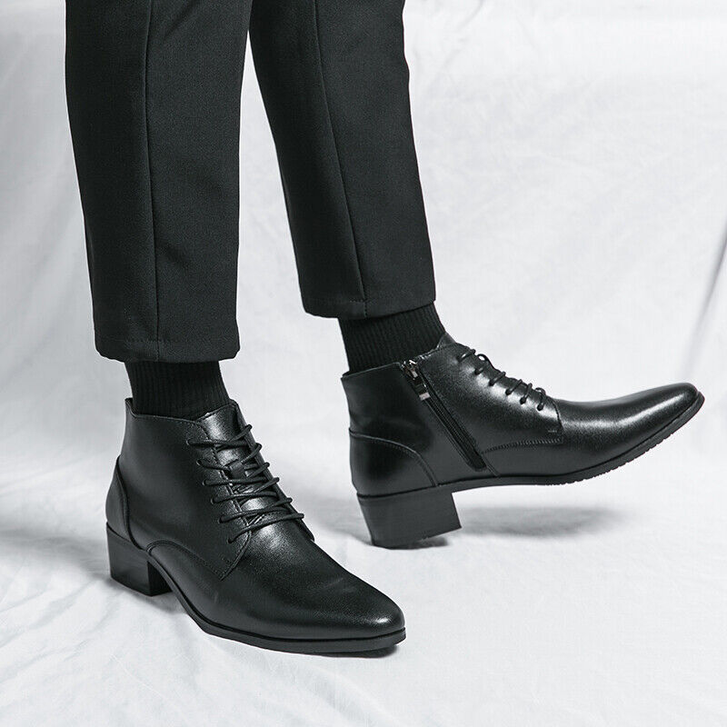 Mens Leather High Top Pointed Toe Ankle Riding Boots Zip Side Block Heels Shoes - Imagen 9 de 10