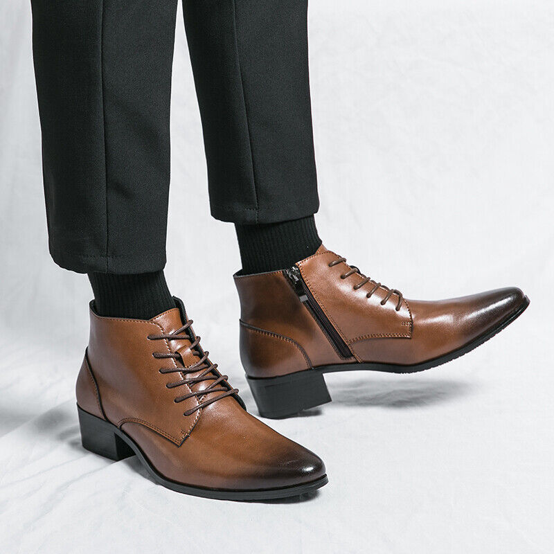 Mens Leather High Top Pointed Toe Ankle Riding Boots Zip Side Block Heels Shoes - Imagen 10 de 10
