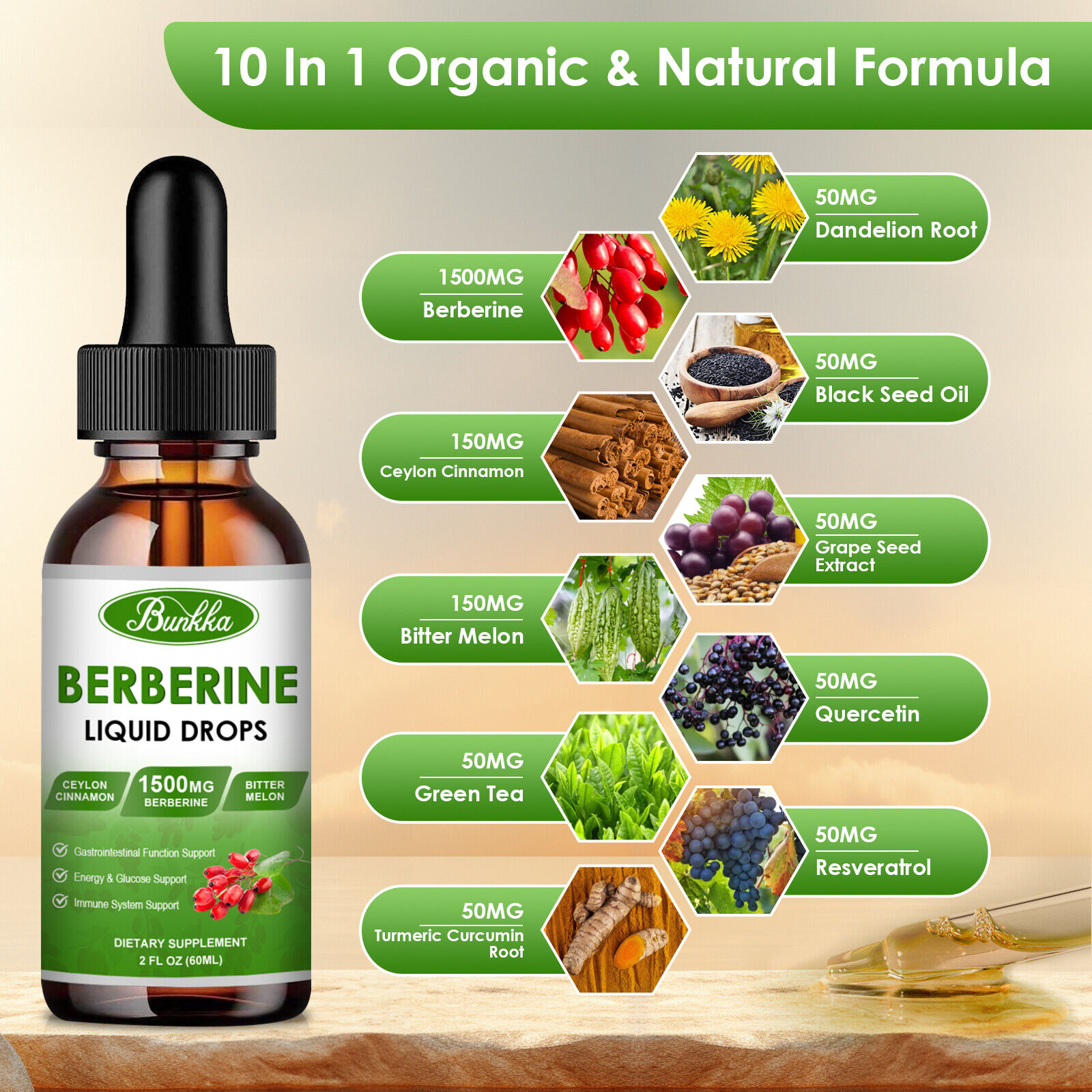 Berberine HCL Extract Liquid Drop with Ceylon Cinnamon for Heart Health & Immune