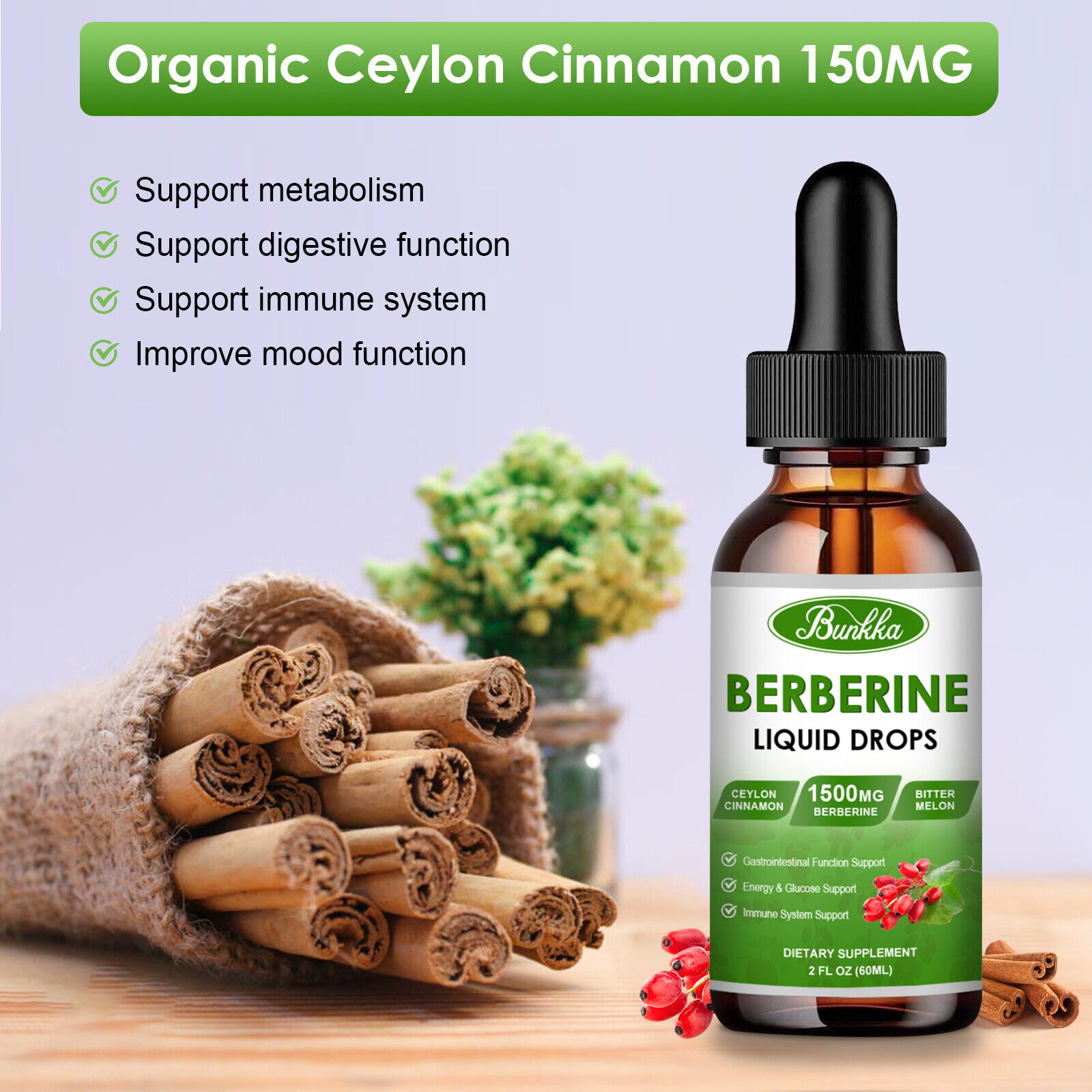 Berberine HCL Extract Liquid Drop with Ceylon Cinnamon for Heart Health & Immune