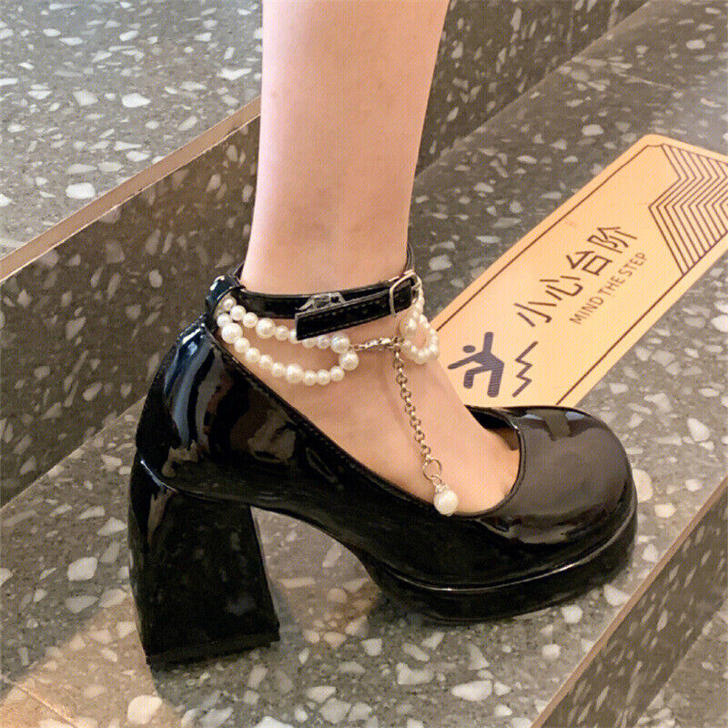 Women Chunky Heel Ankle Strap Mary Jane Patent Leather Shoes Dress Platform Pump - Picture 8 of 9