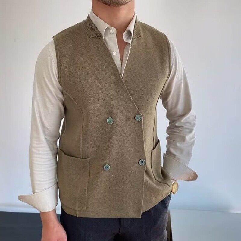 Men Vintage Style Gilet Sweater Vest Double Breasted Knitted Sleeveless Tank Top