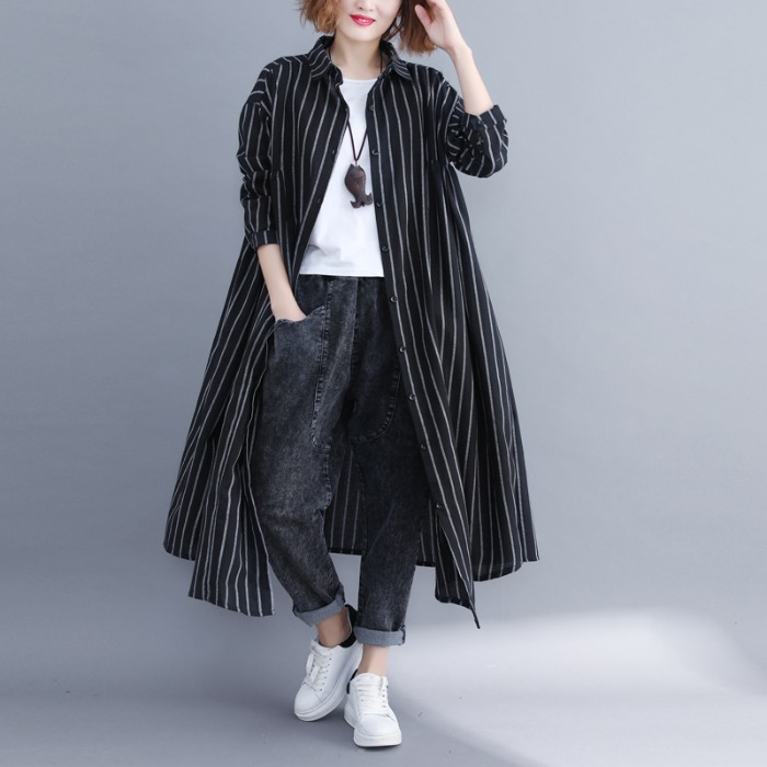 Camisa de mujer manga larga imitación algodón lino estampado a rayas solapa cuello ropa exterior - Imagen 21 de 23