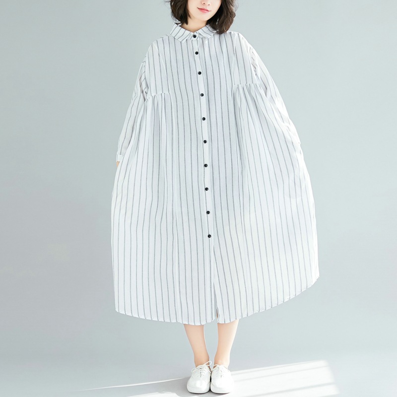 Camisa de mujer manga larga imitación algodón lino estampado a rayas solapa cuello ropa exterior - Imagen 20 de 23