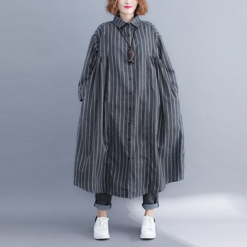 Camisa de mujer manga larga imitación algodón lino estampado a rayas solapa cuello ropa exterior - Imagen 22 de 23