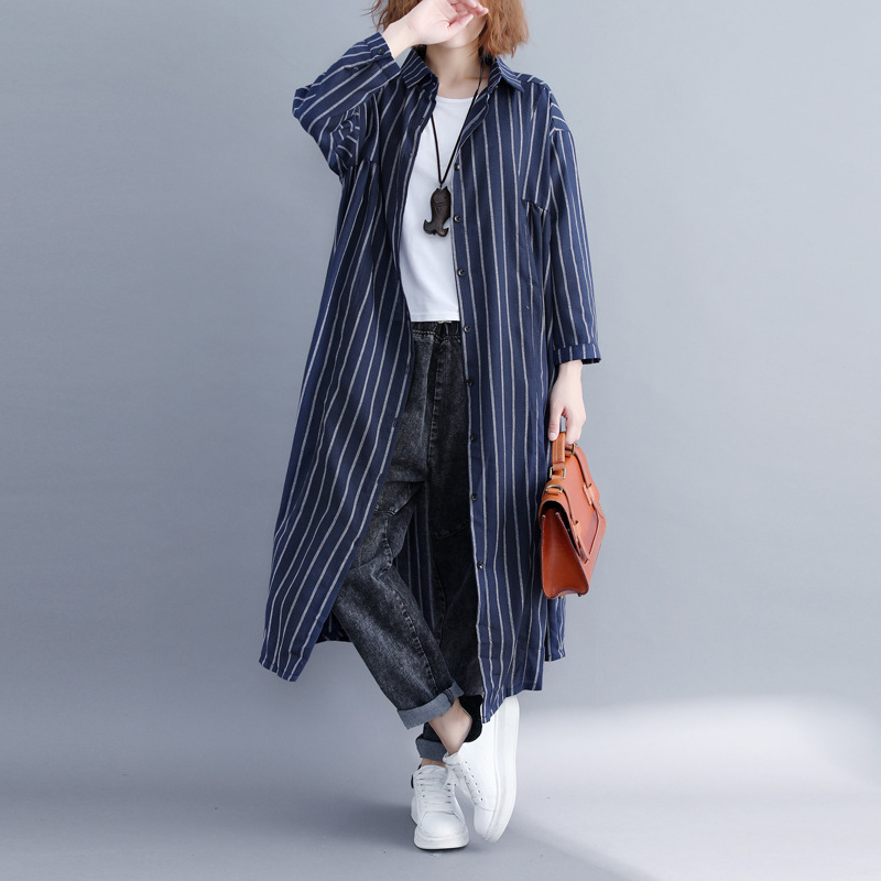 Camisa de mujer manga larga imitación algodón lino estampado a rayas solapa cuello ropa exterior - Imagen 23 de 23