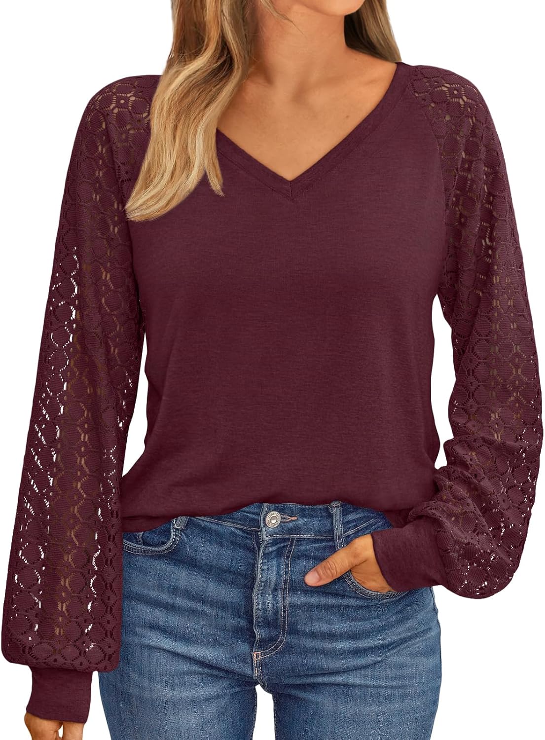 Women Long Sleeve Shirts V-Neck Lace Tops Business Casual Blouses Outfits Clothe - Picture 16 of 99