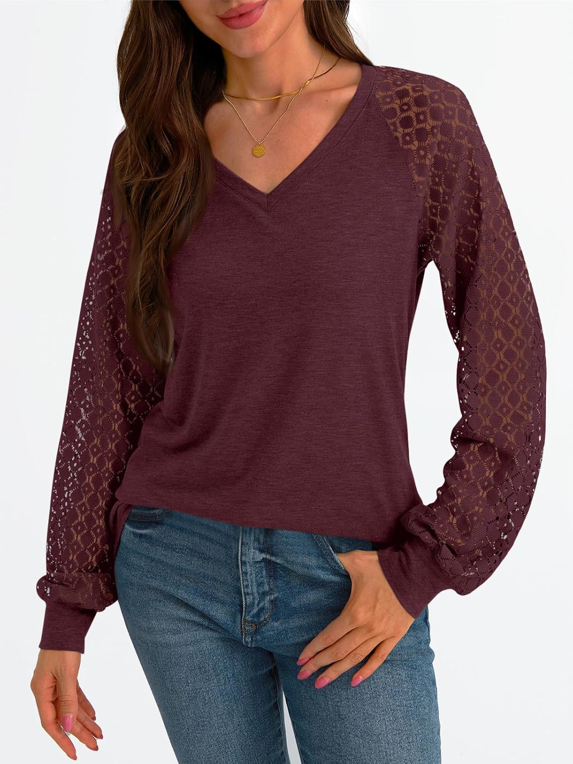 Women Long Sleeve Shirts V-Neck Lace Tops Business Casual Blouses Outfits Clothe - Picture 17 of 99