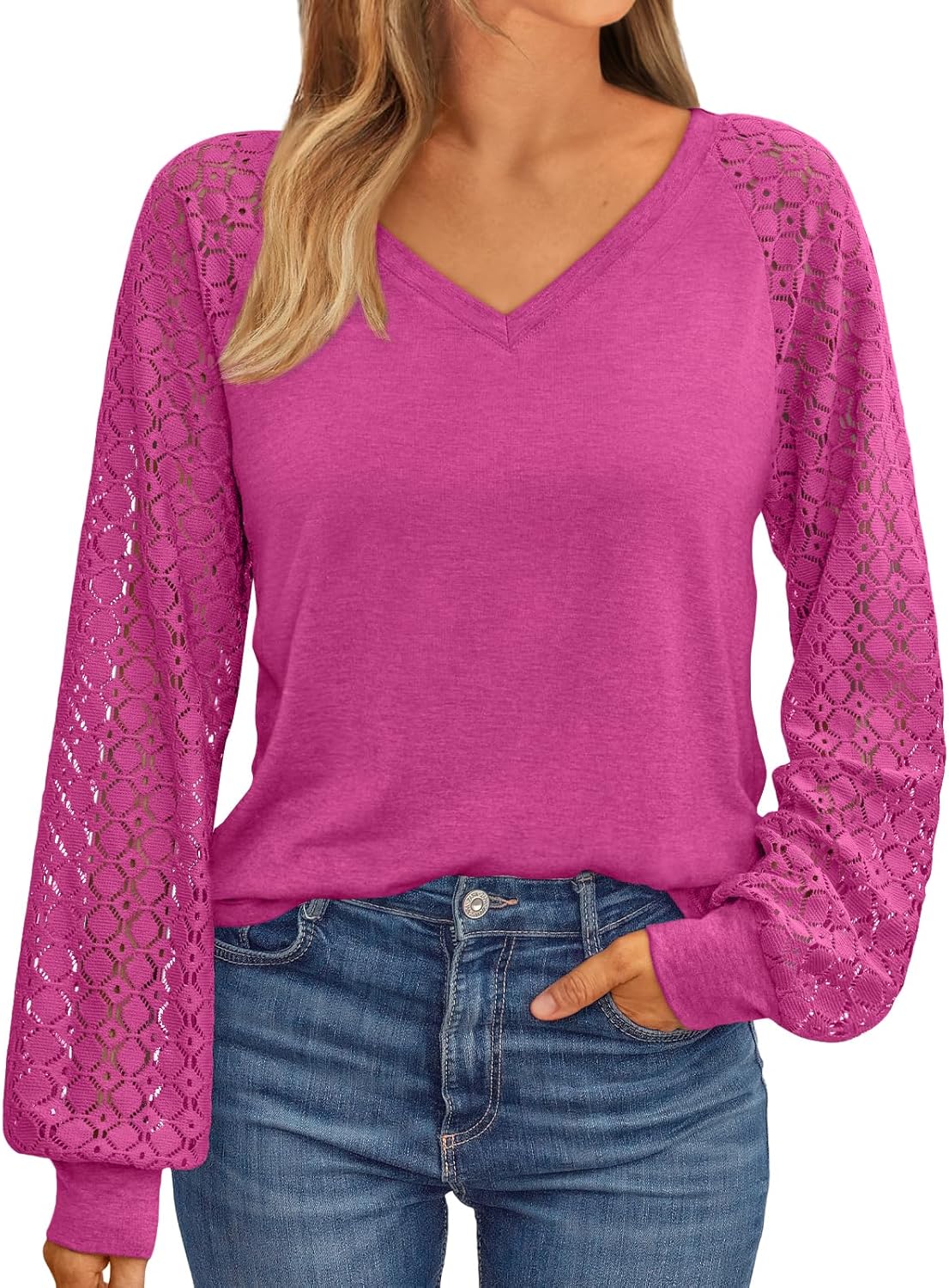Women Long Sleeve Shirts V-Neck Lace Tops Business Casual Blouses Outfits Clothe - Picture 34 of 99