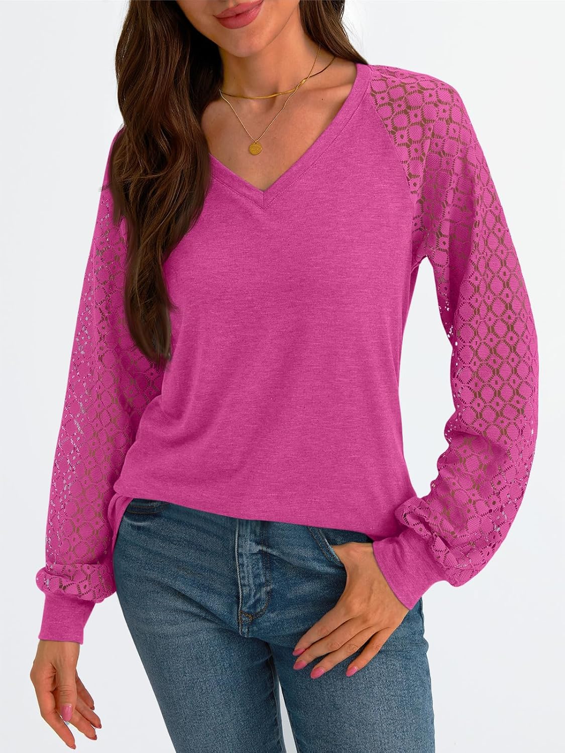 Women Long Sleeve Shirts V-Neck Lace Tops Business Casual Blouses Outfits Clothe - Picture 35 of 99