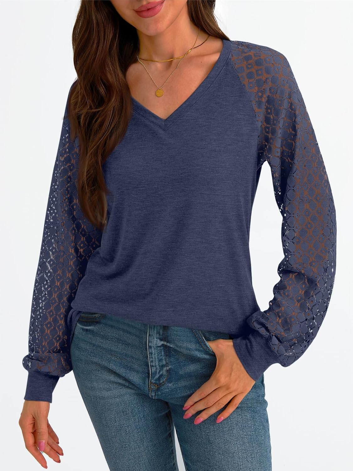 Women Long Sleeve Shirts V-Neck Lace Tops Business Casual Blouses Outfits Clothe - Picture 71 of 99