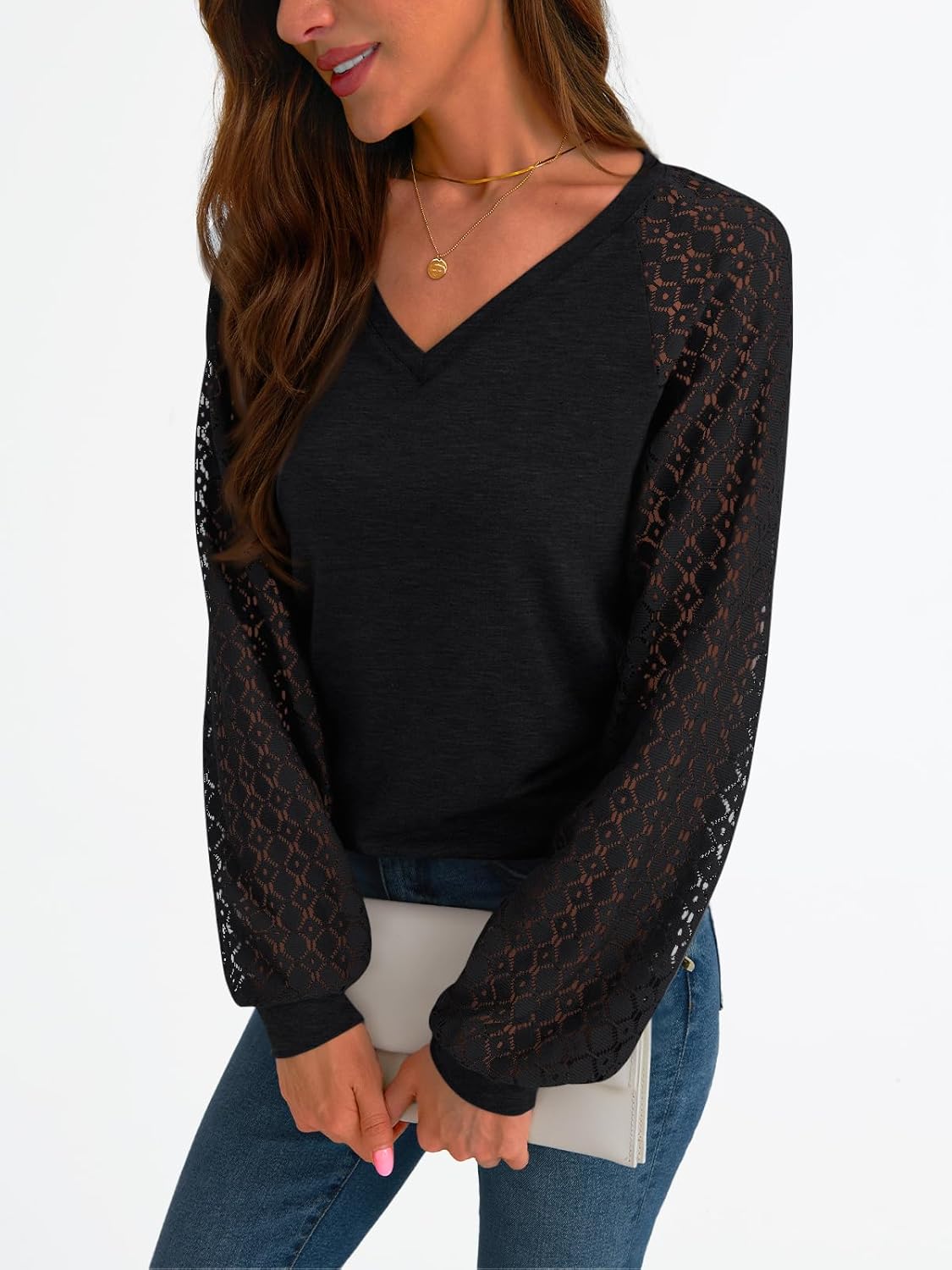 Women Long Sleeve Shirts V-Neck Lace Tops Business Casual Blouses Outfits Clothe - Picture 78 of 99
