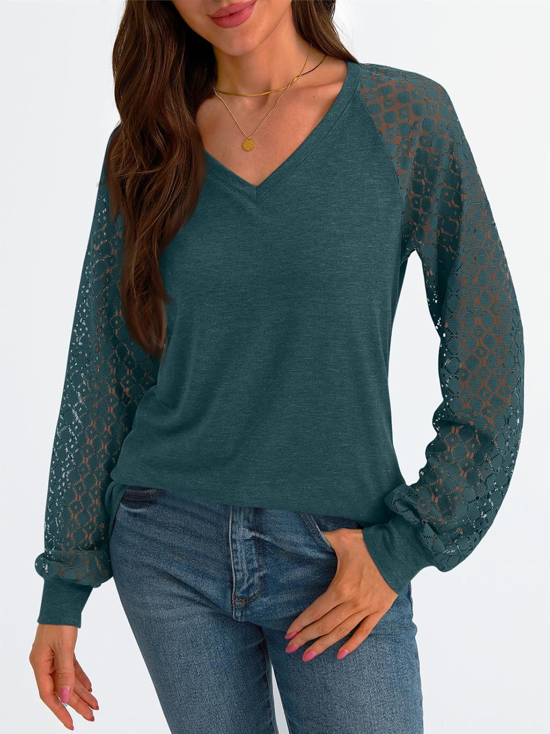 Women Long Sleeve Shirts V-Neck Lace Tops Business Casual Blouses Outfits Clothe - Picture 83 of 99