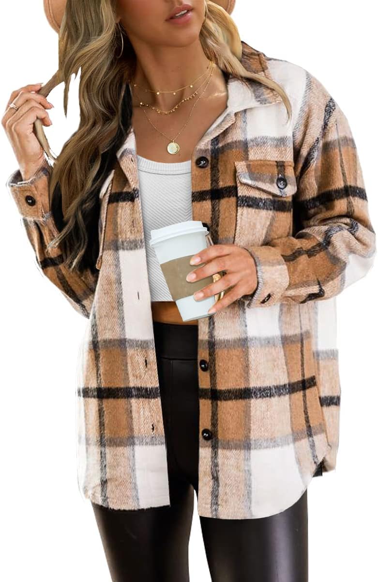 Women's Flannel Shacket - Plaid Button Down Long Sleeve Jacket for Fall Winter - Picture 23 of 179