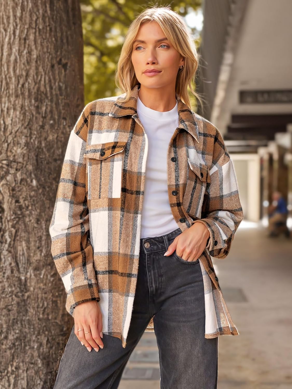 Women's Flannel Shacket - Plaid Button Down Long Sleeve Jacket for Fall Winter - Picture 24 of 179