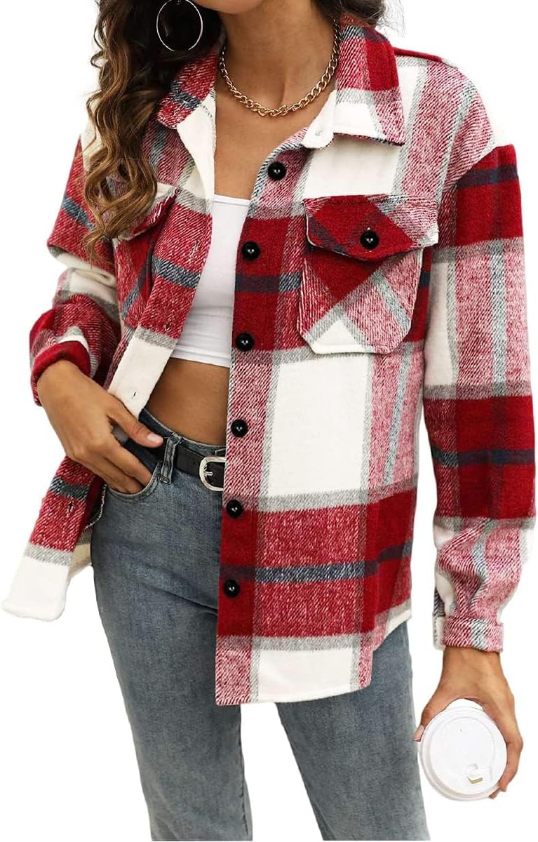 Women's Flannel Shacket - Plaid Button Down Long Sleeve Jacket for Fall Winter - Picture 45 of 179