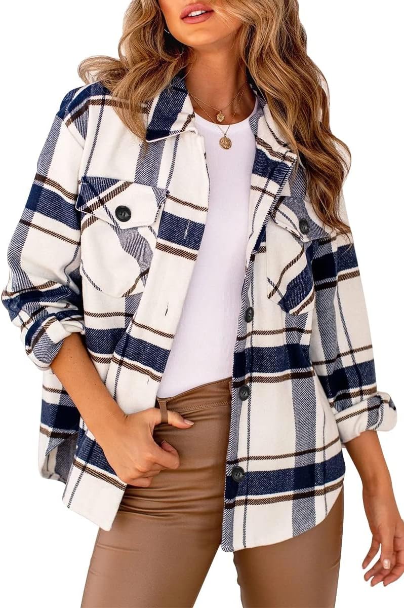 Women's Flannel Shacket - Plaid Button Down Long Sleeve Jacket for Fall Winter - Picture 51 of 179