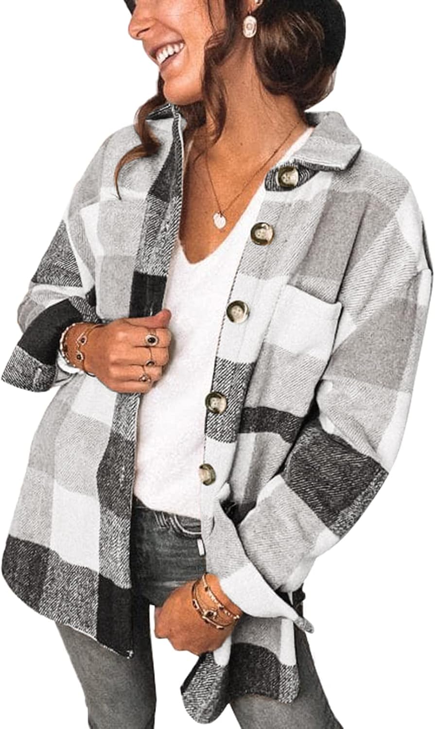 Women's Flannel Shacket - Plaid Button Down Long Sleeve Jacket for Fall Winter - Picture 57 of 179