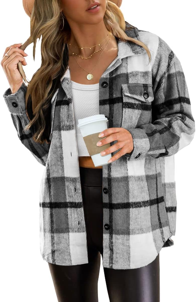 Women's Flannel Shacket - Plaid Button Down Long Sleeve Jacket for Fall Winter - Picture 69 of 179