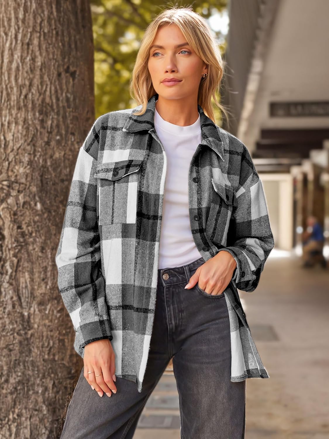 Women's Flannel Shacket - Plaid Button Down Long Sleeve Jacket for Fall Winter - Picture 70 of 179
