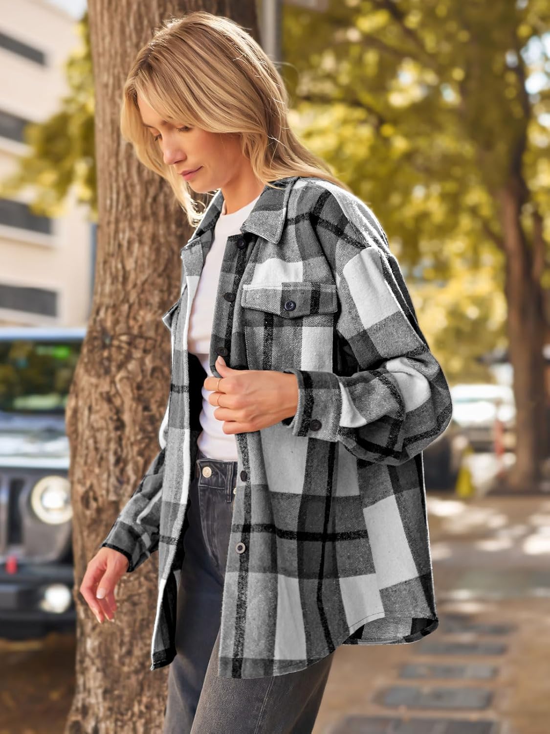 Women's Flannel Shacket - Plaid Button Down Long Sleeve Jacket for Fall Winter - Picture 71 of 179