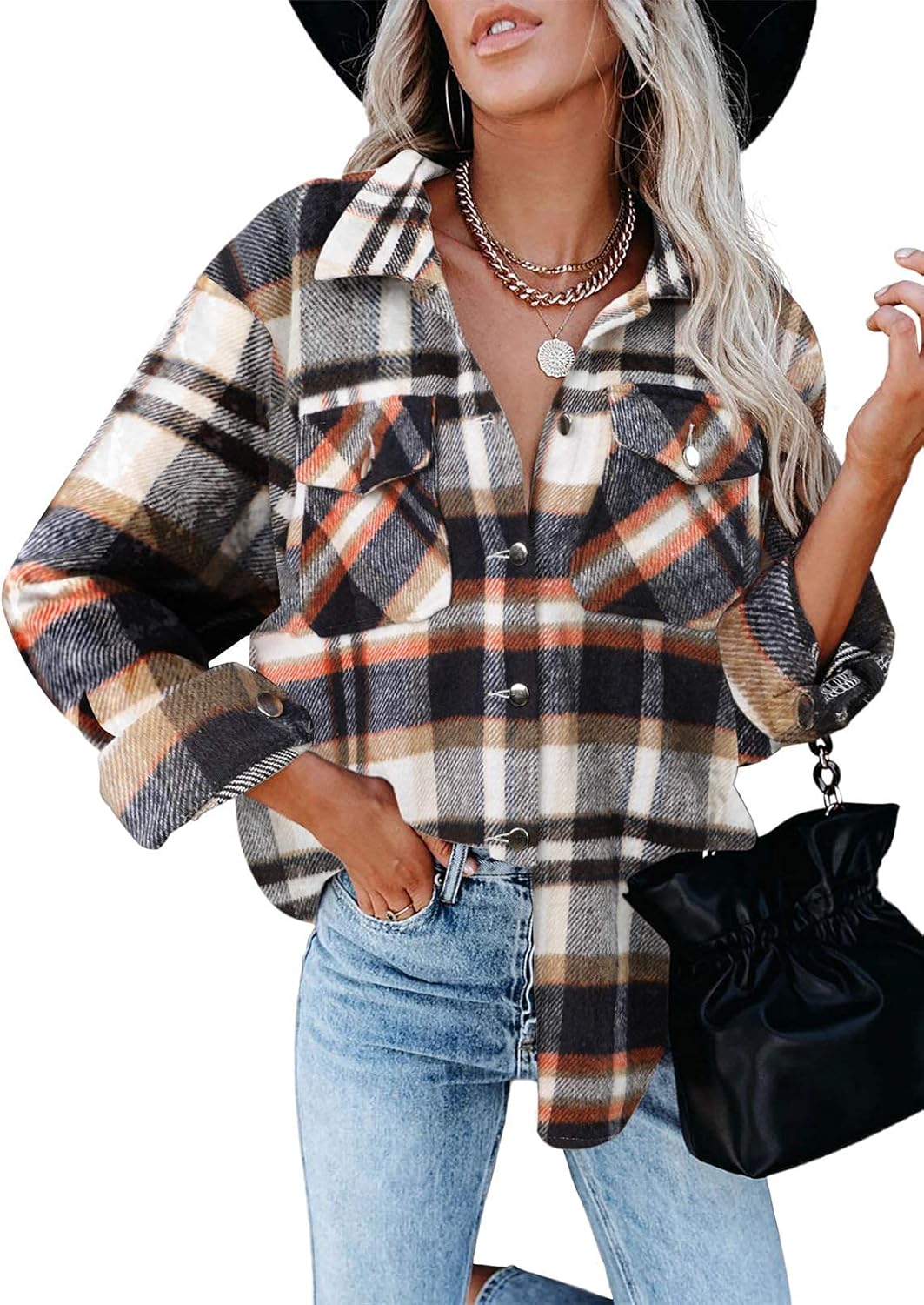 Women's Flannel Shacket - Plaid Button Down Long Sleeve Jacket for Fall Winter - Picture 75 of 179