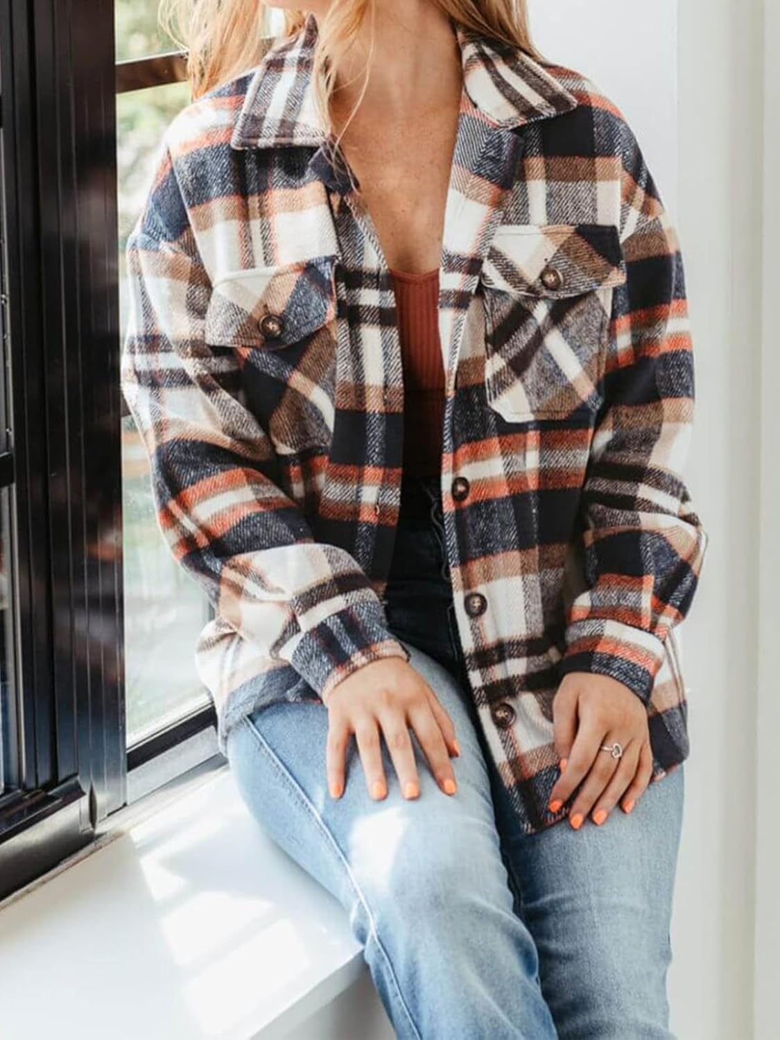 Women's Flannel Shacket - Plaid Button Down Long Sleeve Jacket for Fall Winter - Picture 78 of 179
