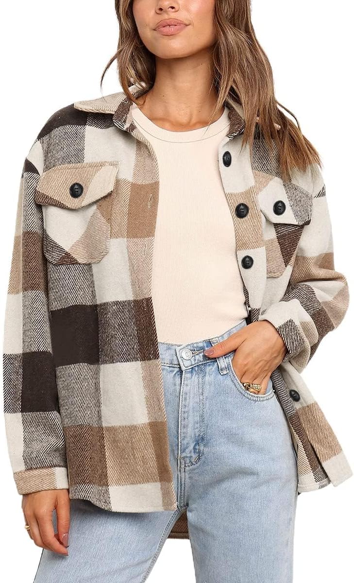 Women's Flannel Shacket - Plaid Button Down Long Sleeve Jacket for Fall Winter - Picture 81 of 179