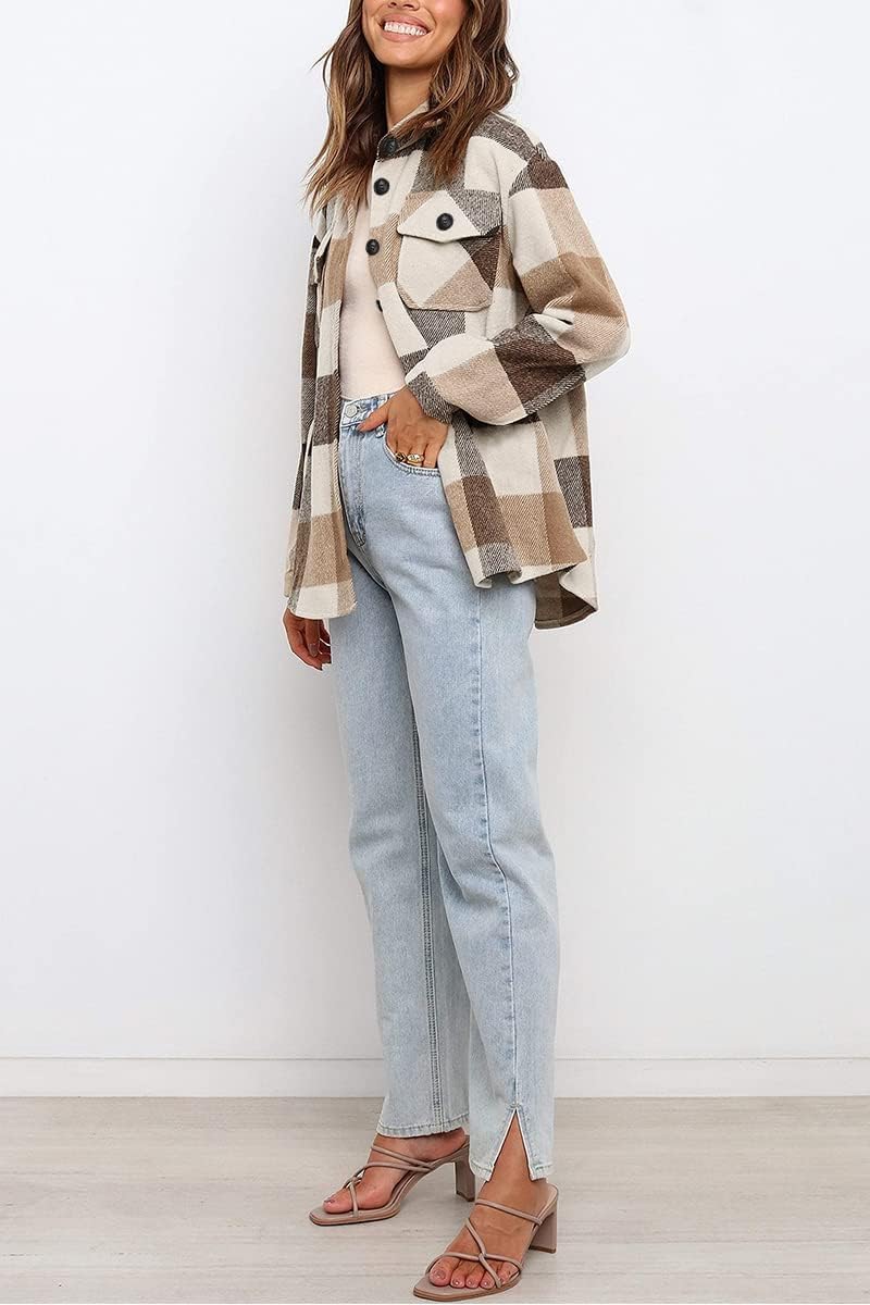Women's Flannel Shacket - Plaid Button Down Long Sleeve Jacket for Fall Winter - Picture 82 of 179