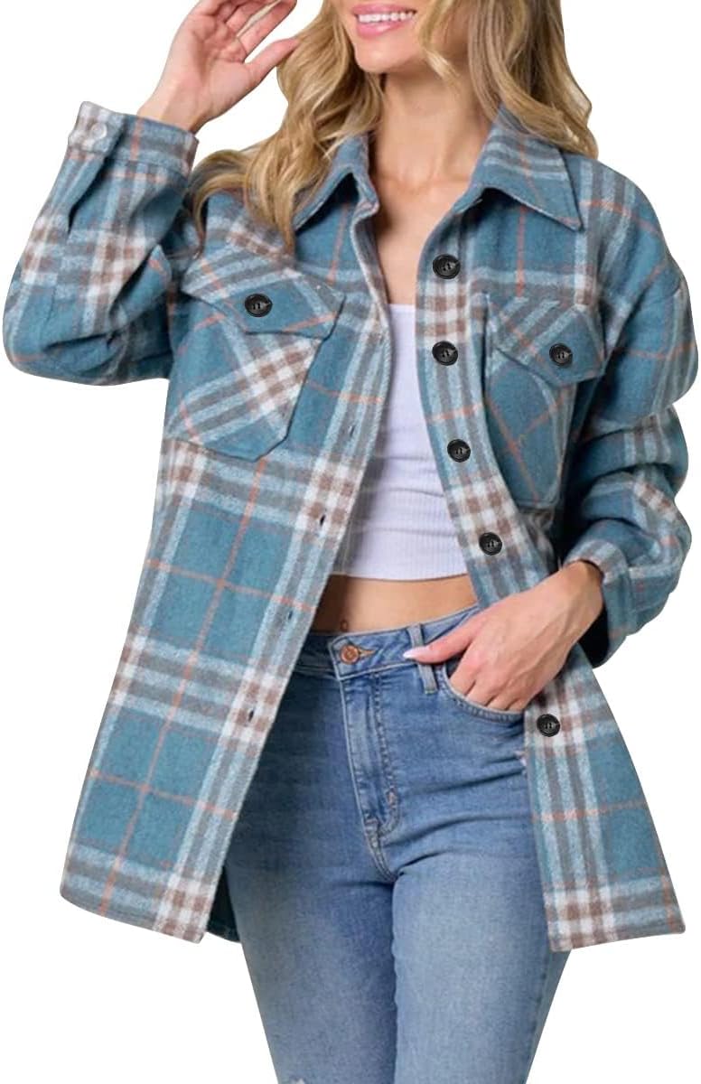 Women's Flannel Shacket - Plaid Button Down Long Sleeve Jacket for Fall Winter - Picture 92 of 179