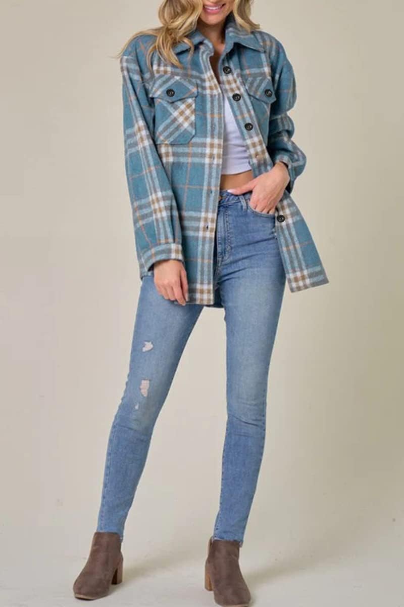 Women's Flannel Shacket - Plaid Button Down Long Sleeve Jacket for Fall Winter - Picture 95 of 179