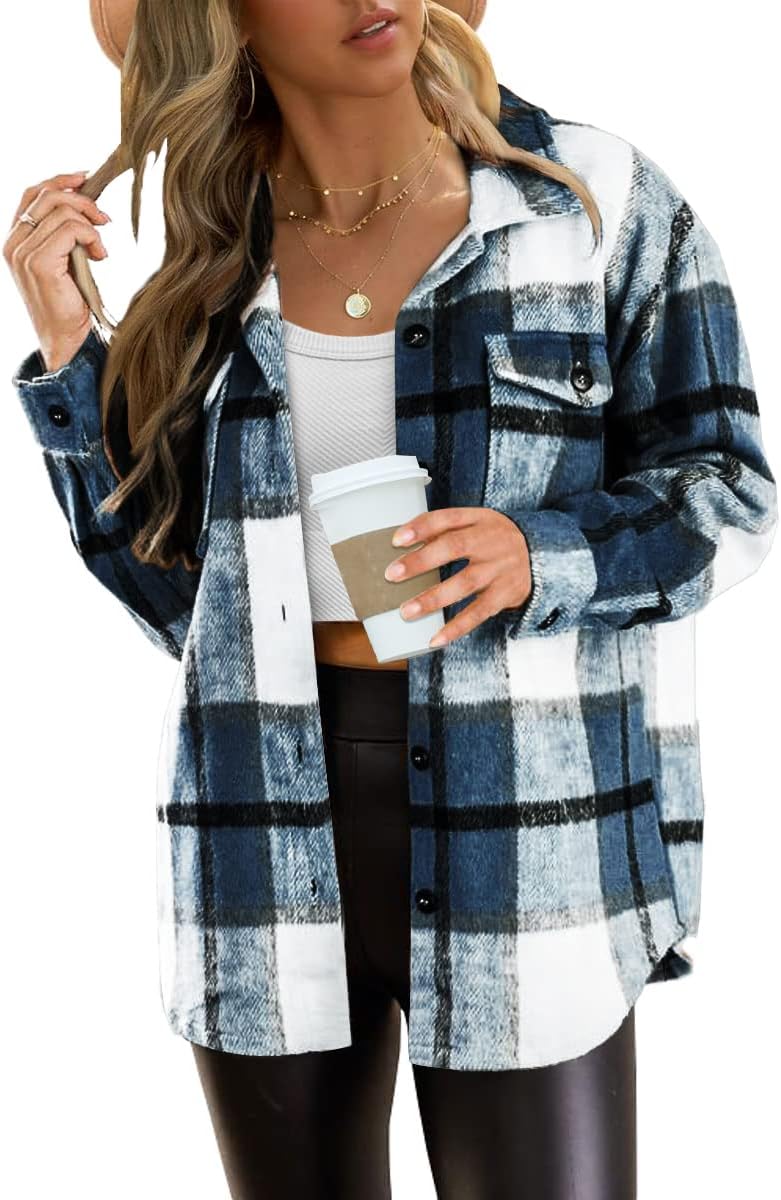 Women's Flannel Shacket - Plaid Button Down Long Sleeve Jacket for Fall Winter - Picture 98 of 179