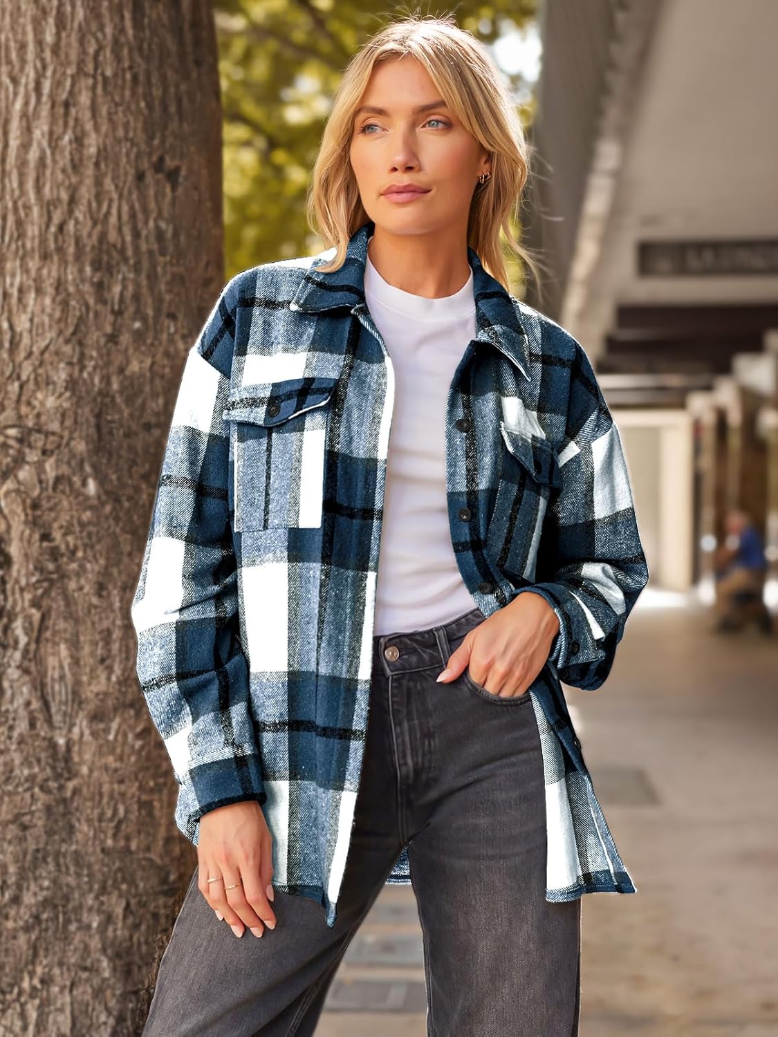Women's Flannel Shacket - Plaid Button Down Long Sleeve Jacket for Fall Winter - Picture 99 of 179