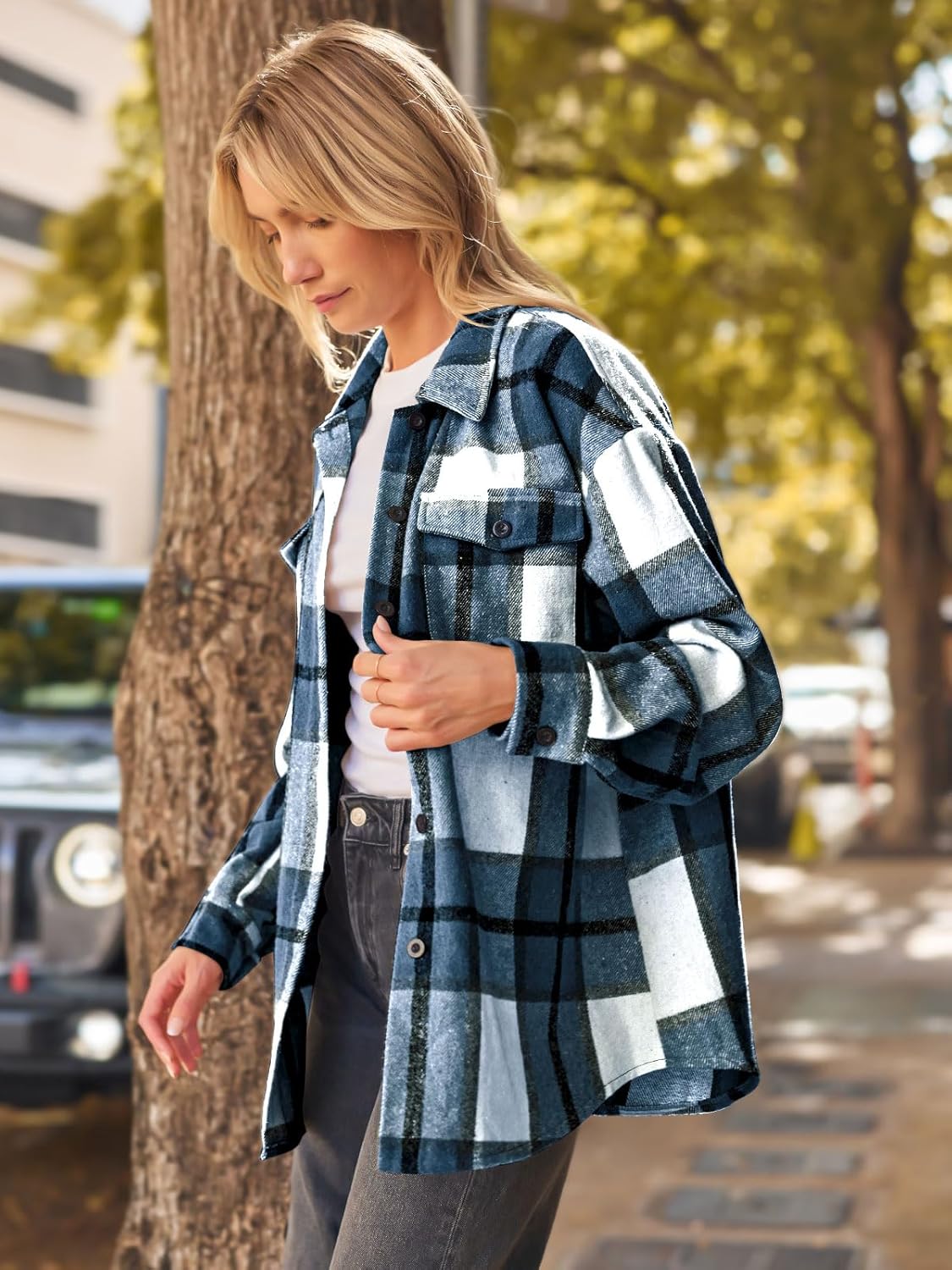 Women's Flannel Shacket - Plaid Button Down Long Sleeve Jacket for Fall Winter - Picture 100 of 179