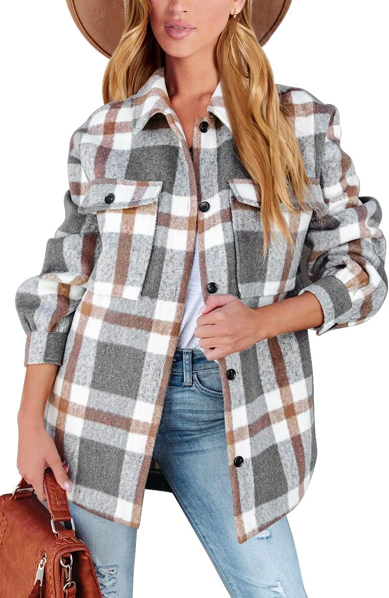 Women's Flannel Shacket - Plaid Button Down Long Sleeve Jacket for Fall Winter - Picture 104 of 179