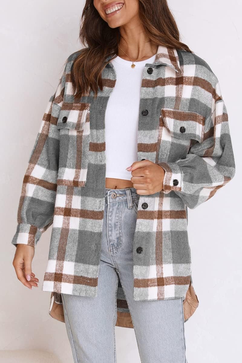 Women's Flannel Shacket - Plaid Button Down Long Sleeve Jacket for Fall Winter - Picture 105 of 179