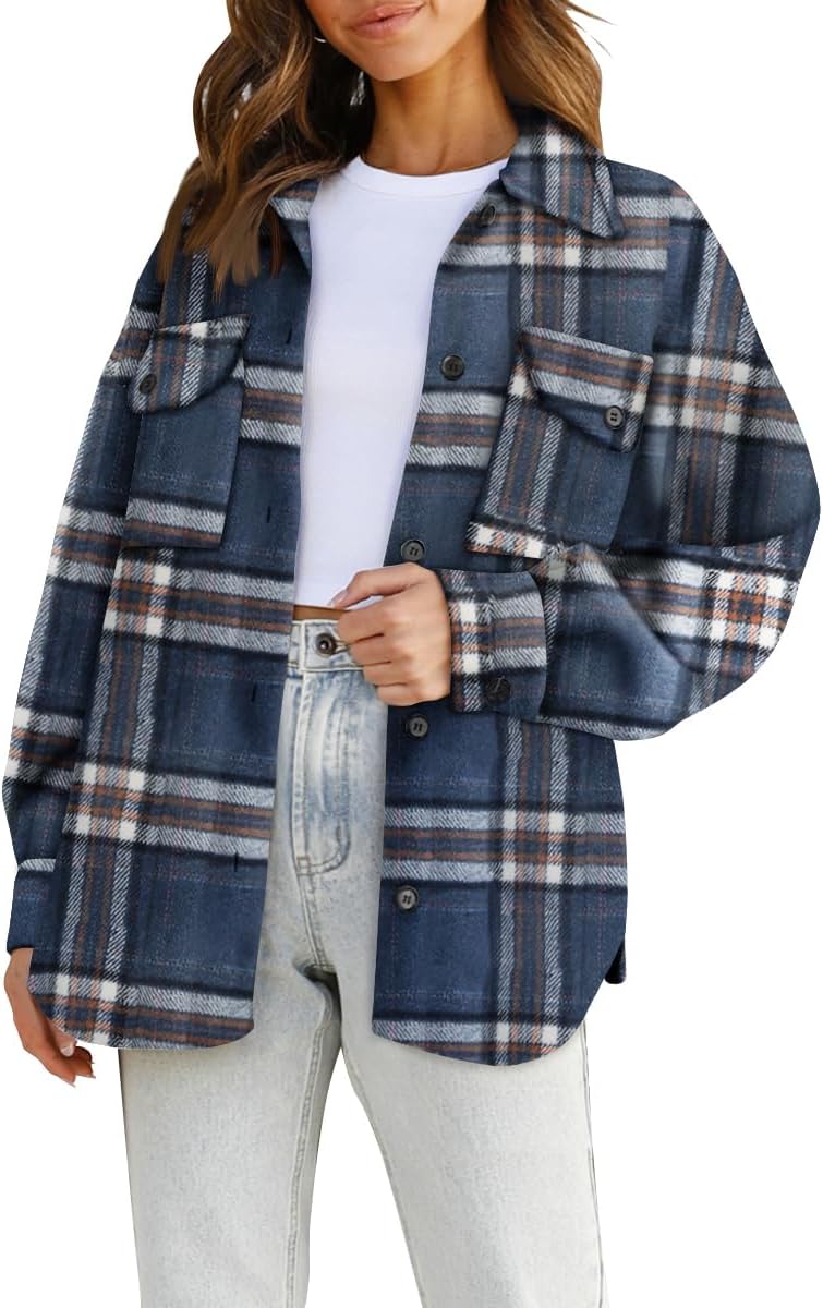 Women's Flannel Shacket - Plaid Button Down Long Sleeve Jacket for Fall Winter - Picture 110 of 179