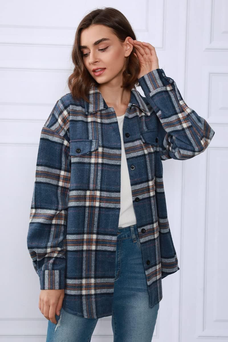 Women's Flannel Shacket - Plaid Button Down Long Sleeve Jacket for Fall Winter - Picture 111 of 179