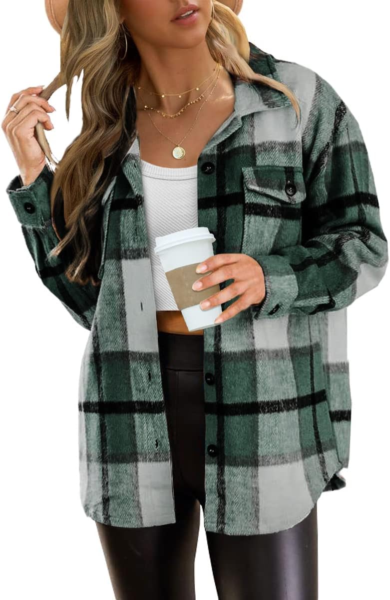 Women's Flannel Shacket - Plaid Button Down Long Sleeve Jacket for Fall Winter - Picture 116 of 179