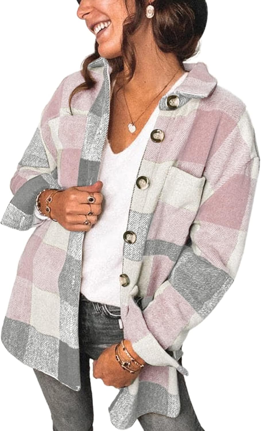 Women's Flannel Shacket - Plaid Button Down Long Sleeve Jacket for Fall Winter - Picture 122 of 179
