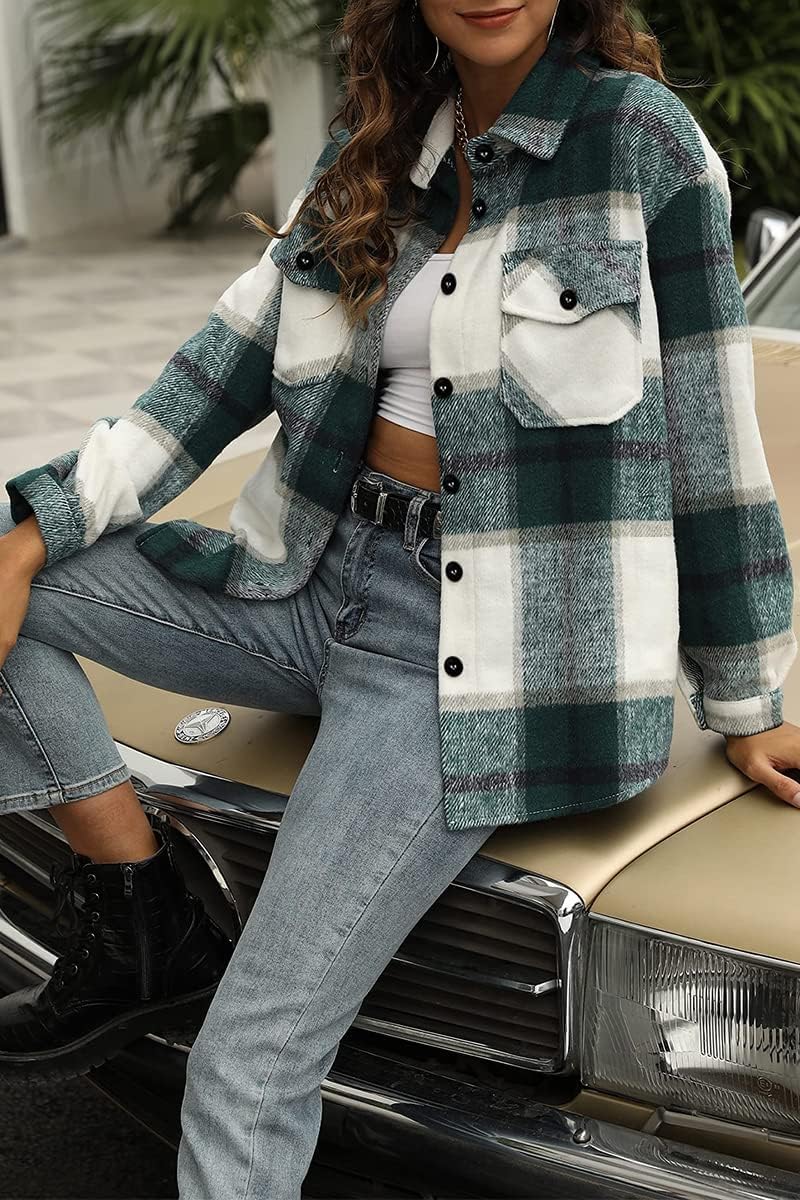 Women's Flannel Shacket - Plaid Button Down Long Sleeve Jacket for Fall Winter - Picture 130 of 179