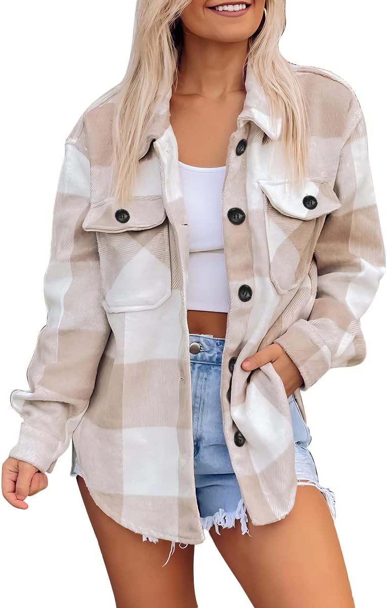 Women's Flannel Shacket - Plaid Button Down Long Sleeve Jacket for Fall Winter - Picture 134 of 179