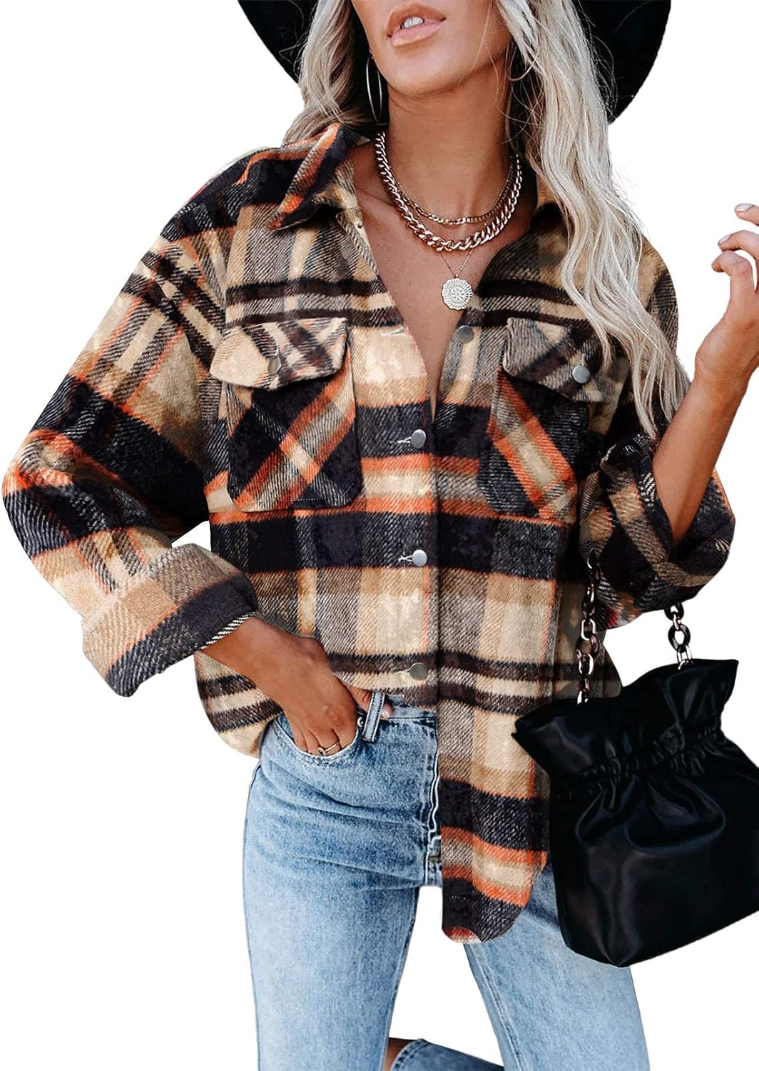 Women's Flannel Shacket - Plaid Button Down Long Sleeve Jacket for Fall Winter - Picture 145 of 179