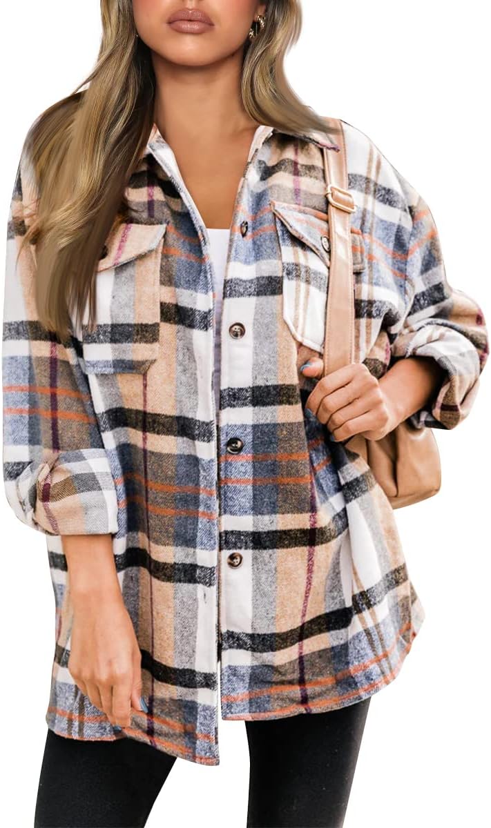 Women's Flannel Shacket - Plaid Button Down Long Sleeve Jacket for Fall Winter - Picture 151 of 179