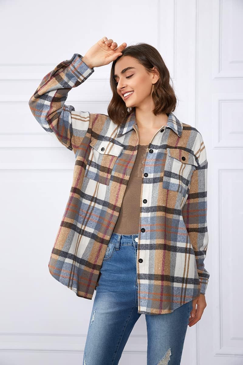 Women's Flannel Shacket - Plaid Button Down Long Sleeve Jacket for Fall Winter - Picture 152 of 179