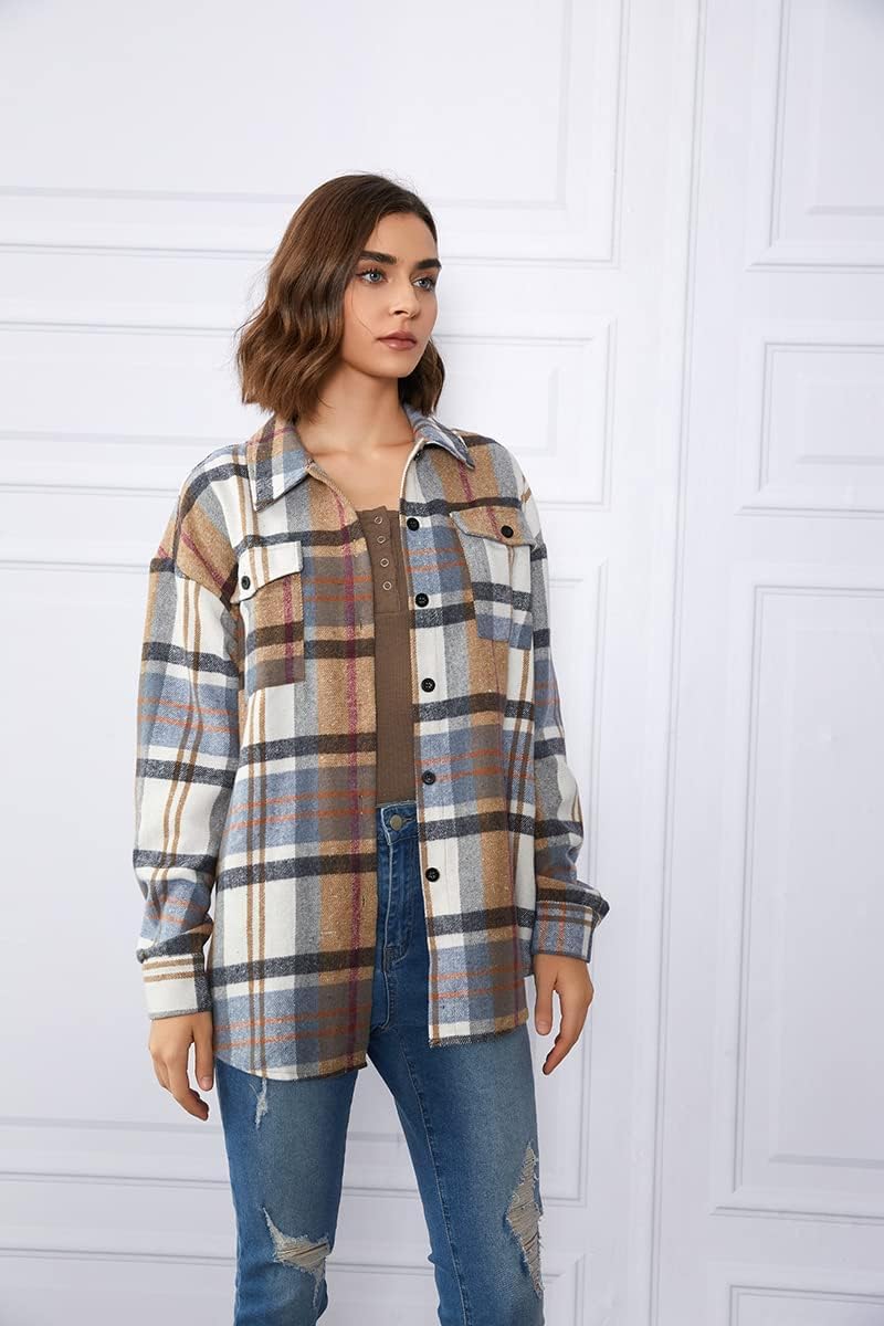 Women's Flannel Shacket - Plaid Button Down Long Sleeve Jacket for Fall Winter - Picture 153 of 179