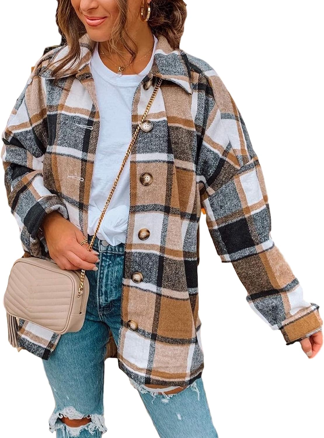 Women's Flannel Shacket - Plaid Button Down Long Sleeve Jacket for Fall Winter - Picture 163 of 179