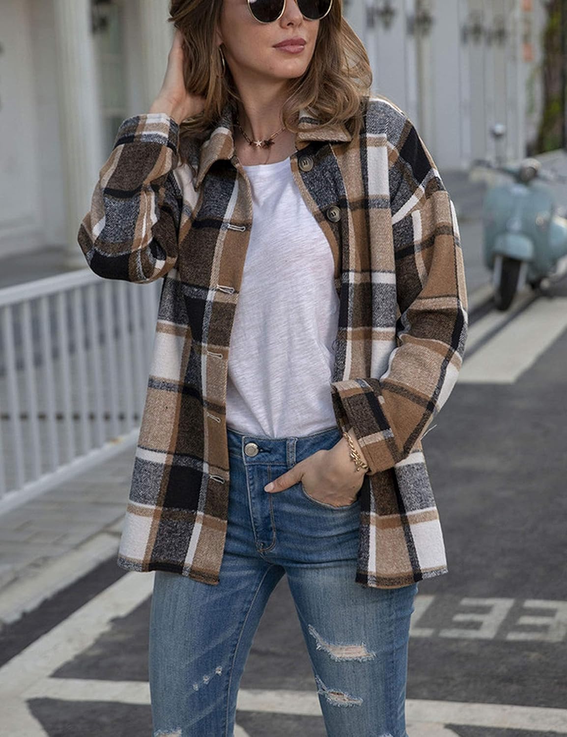 Women's Flannel Shacket - Plaid Button Down Long Sleeve Jacket for Fall Winter - Picture 165 of 179