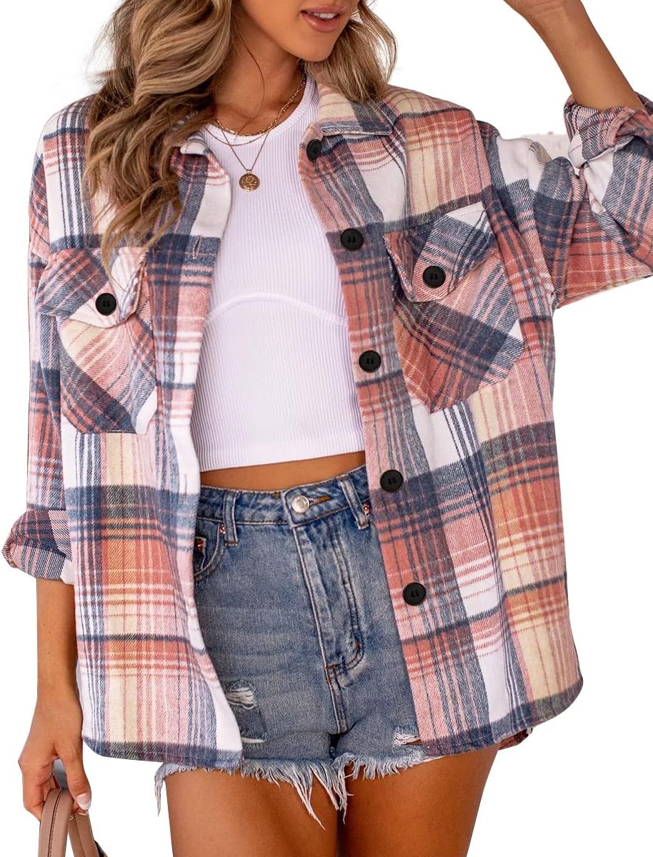Women's Flannel Shacket - Plaid Button Down Long Sleeve Jacket for Fall Winter - Picture 169 of 179