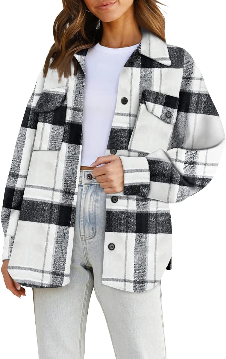 Women's Flannel Shacket - Plaid Button Down Long Sleeve Jacket for Fall Winter - Picture 175 of 179